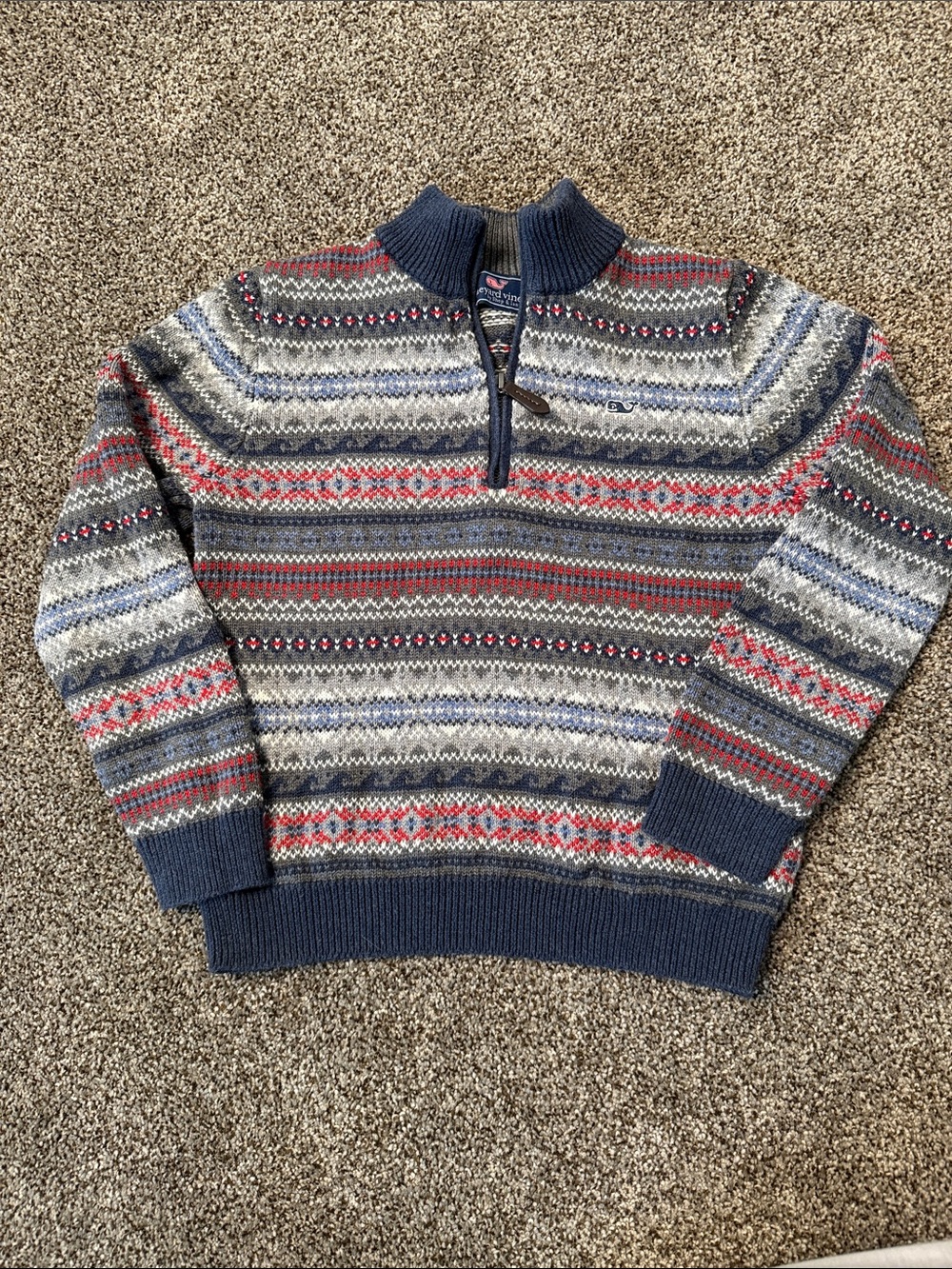 Vineyard Vines Navy, Gray & Red Fair Isle Quarter-Zip Sweater